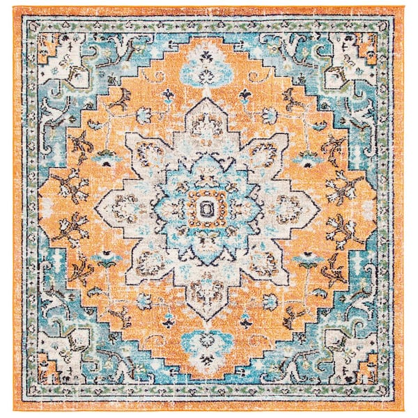 Madison Orange/Teal 8 ft. x 8 ft. Border Geometric Floral Medallion Square Area Rug