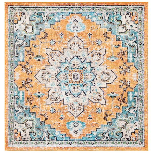 SAFAVIEH Madison Orange/Teal 8 ft. x 8 ft. Border Geometric Floral Medallion Square Area Rug