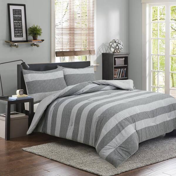 BROOKLYN FLAT Herringbone 2Piece Gray Wide Striped Brushed Microfiber
