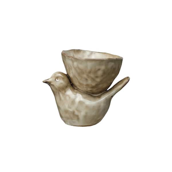 6.4 in. 7.6 Fl. Oz. Reactive Glaze Beige Stoneware Bird Serving Bowl