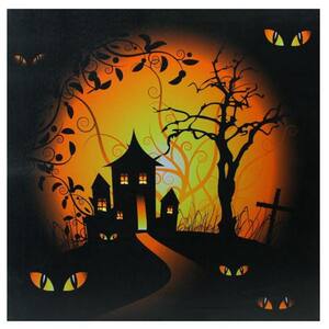 19.75 in. x 19.75 in. LED Lighted Spooky House and Eyes Halloween Canvas Wall Art