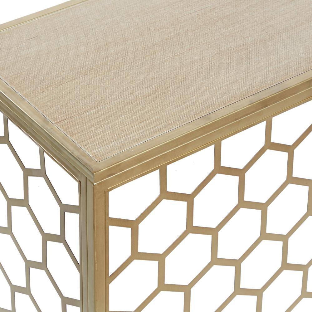 Elegant Gold Metal and Brown Wood Console Table with Honeycomb Pattern, 42"