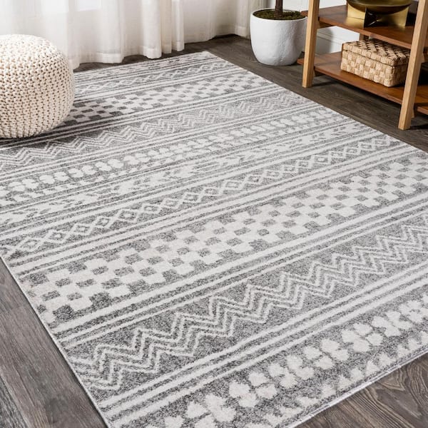 Imlil Tribal Geometric Stripe Light Gray/Cream 5 ft. x 8 ft. Area Rug