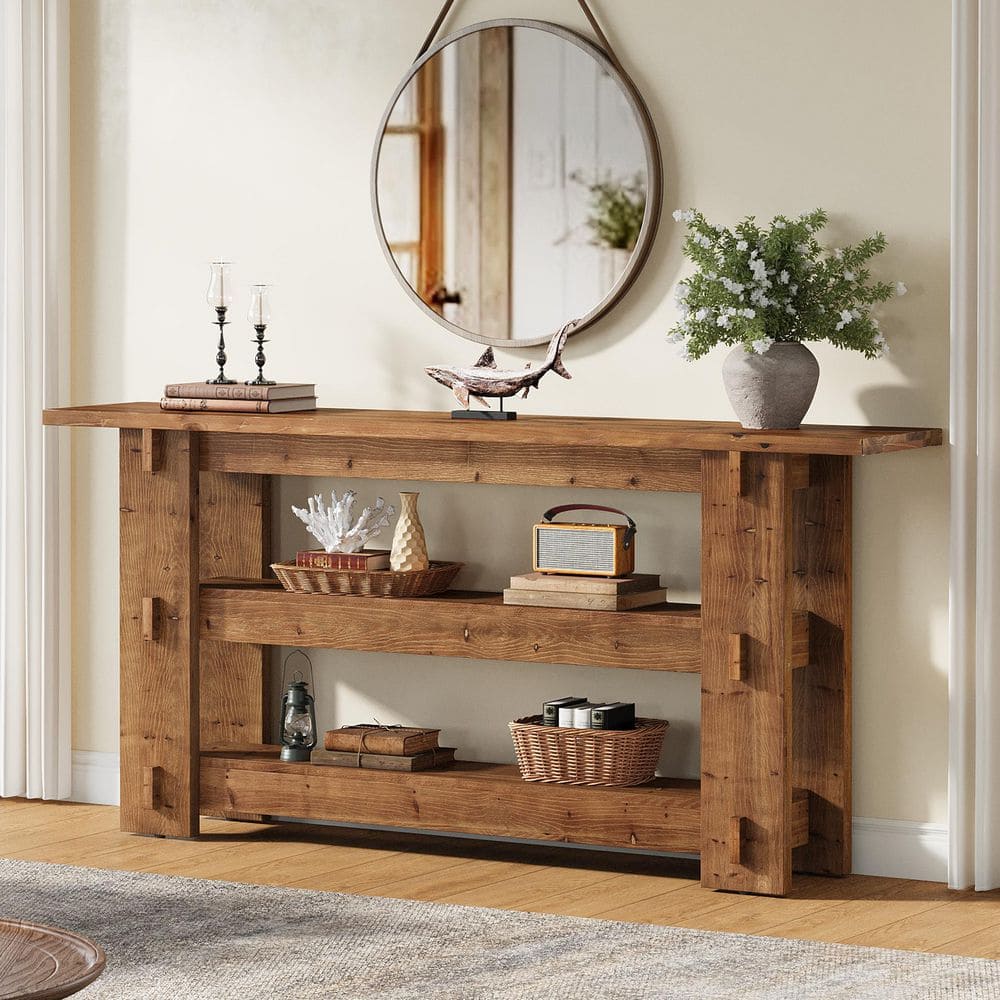 Benjamin 63 in. Brown Rectangle Solid Wood Console Table for Entryway, Long Sofa Table with Storage Shelves price history on PriceWatchPro