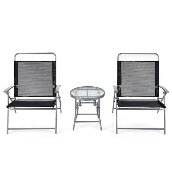 Gymax 3-Piece Folding Metal Chair Set with Coffee Table and Extra-Large Seat Porch Backyard Poolside Patio Conversation