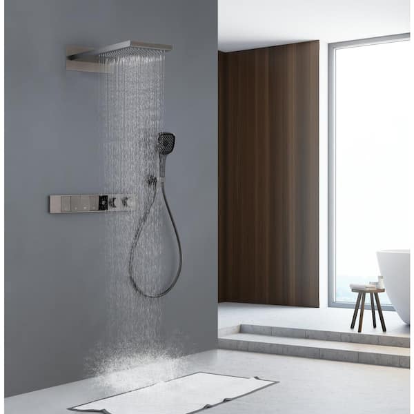 Dual Handle 2-Spray Thermostatic Shower Wall Mounting Fixed and Handheld Shower Head 4. 62GPM in Gray