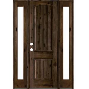 58 in. x 96 in. Rustic knotty alder Sidelite 2 Panel Right-Hand/Inswing Clear Glass Black Stain Wood Prehung Front Door