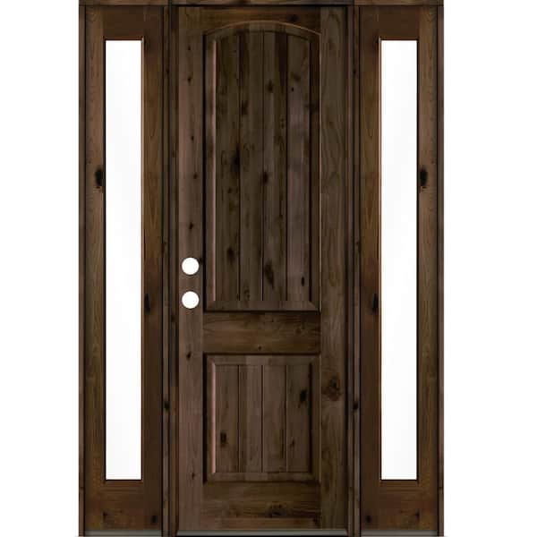 Krosswood Doors 58 in. x 96 in. Rustic knotty alder Sidelite 2 Panel Right-Hand/Inswing Clear Glass Black Stain Wood Prehung Front Door