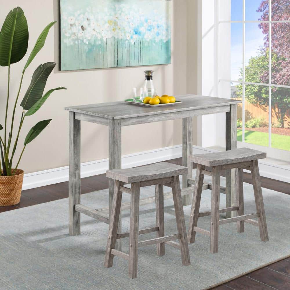 Rustic Acacia Wood Saddle Backless Counter Stools, Storm Gray - Set of 2