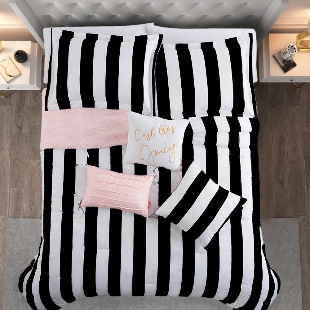 Black and White Striped Full Microfiber Reversible Bedding Set
