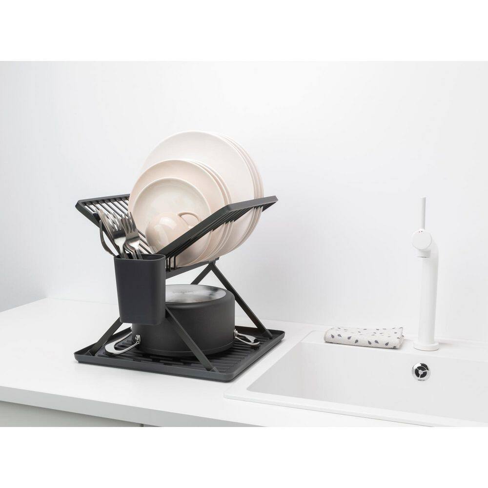 Compact Foldable Dark Gray Metal Dish Drying Rack with Utensil Cup