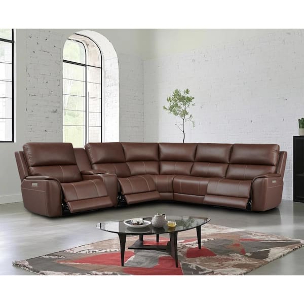 123 in. Genuine Leather Triple Power Wide Sectional with Zero Gravity & 1 Console, 1 Power Armlesschair, Dark Brown