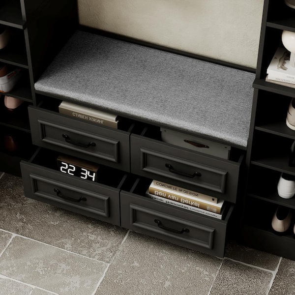 FUFU&GAGA 63 in. W. Black Wood 3-in-1-Hall Tree Shoe Storage