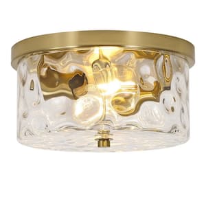12 in. 2-Light Brass Gold Flush Mount Ceiling Light with Water Rippled Glass Shade