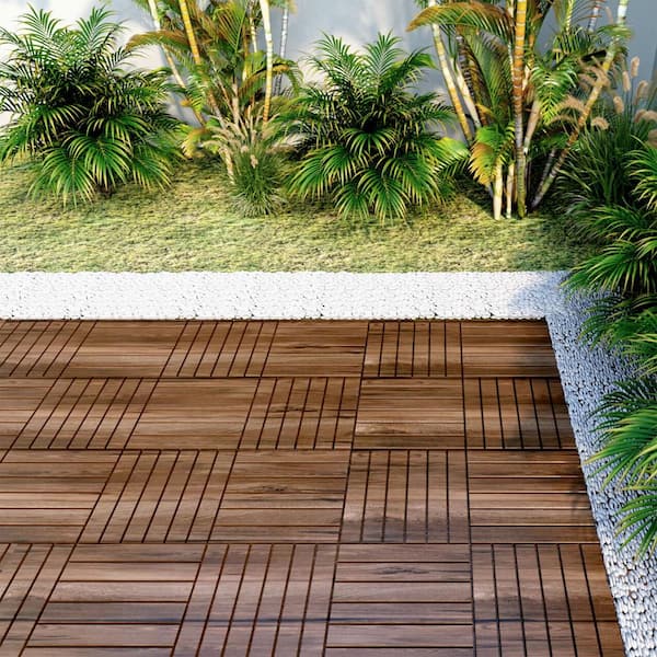 12 in. x 12 in. Outdoor Striped Square Wood Interlocking Waterproof Flooring Deck Tiles in Brown (Pack of 20 Tiles)