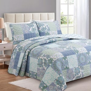 Blue Fleur-De-Lis Stylish Floral 3-Piece Aqua Blue Patchwork Cotton Queen Quilt Bedding Set