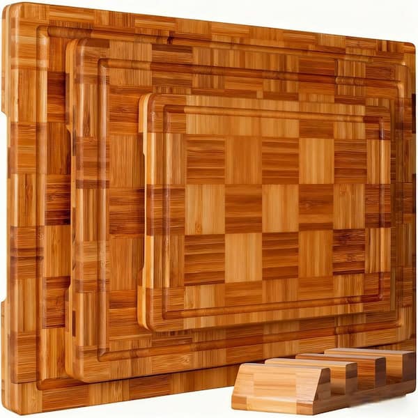 3-Piece Dark Brown Bamboo Cutting Board Set with with Juice Groove, End Grain Serving Tray, Hand Wash Only
