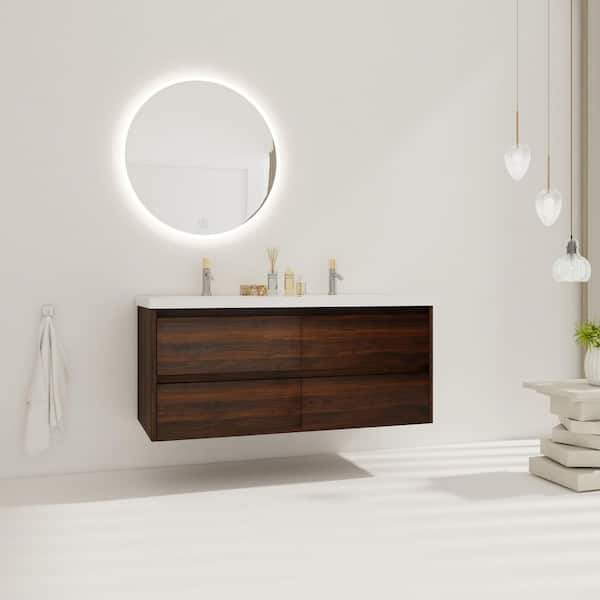 48 in. W Bath Vanity with White Resin Top Double Sink, 4-Soft Close Drawers, California Walnut