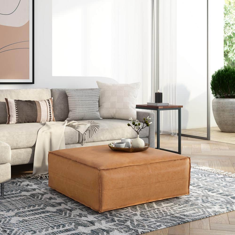 Brody Distressed Brown Faux Leather Square Pouf