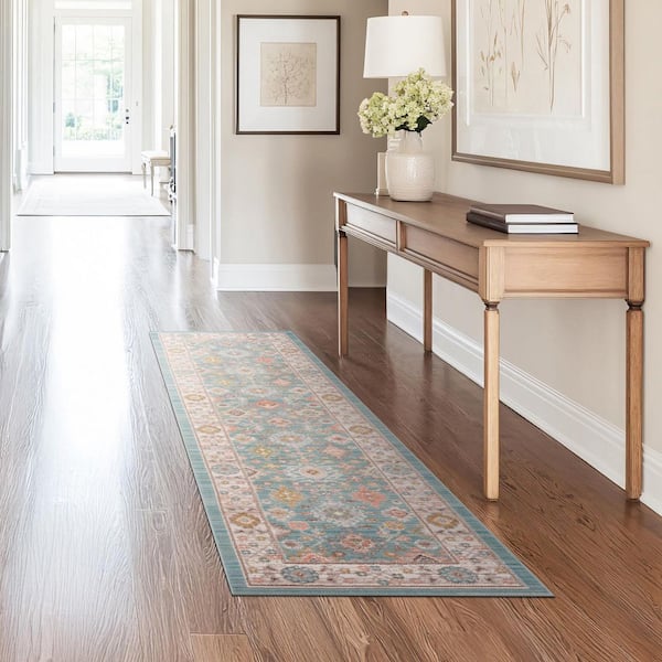 2 ft. x 8 ft. Aqua Crestwood Oriental Indoor Area Rug