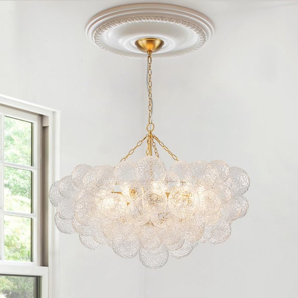 15 Light Brushed Gold Modern Bubble Ball Grape Cluster Chandelier Globe Hanging Ceiling Light Fixture With Hammer Glass