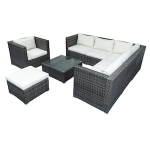 Gray 8-Piece Wicker Metal Outdoor Sectional with White Cushions
