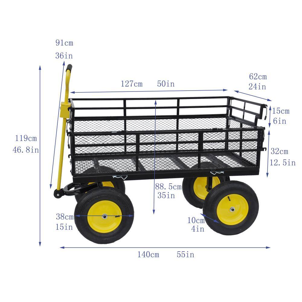 Large Black and Yellow Metal Garden Cart with Pneumatic Tires