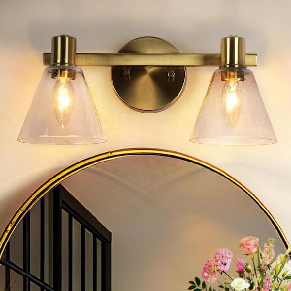 Transitional Brass Bathroom Vanity Light, 15 in. 2-Light Modern Wall Sconce with Seeded Glass Shades for Powder Room