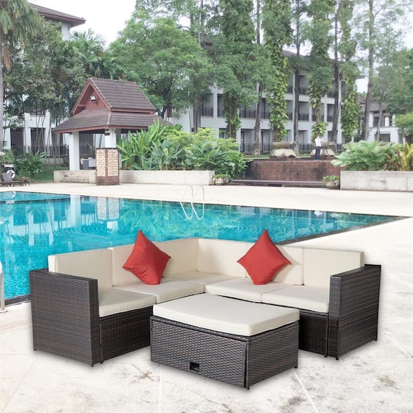 Afoxsos 4-Piece Wicker Outdoor Sectional Option Sofa Sets with Beige Cushions, Red Pillows and Multifunctional Storage Table