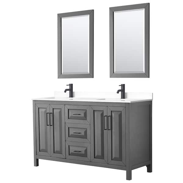 Wyndham Collection Daria 60 in. W x 22 in. D x 35.75 in. H Double Bath Vanity in Dark Gray with White Cultured Marble Top, 24 in. Mirrors