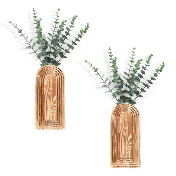 12 x 8 in. Brown Wood Wall Mounted Planter Wall Vase Set-Modern Farmhouse and Boho Decor for Indoor Outdoor