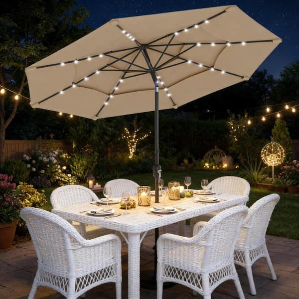 built in patio umbrella 9.7 ft. 3 Tiers Steel Outdoor Patio Umbrella with 32 Built-in LED Light in  Beige (Only Umbrella) AZ-0925