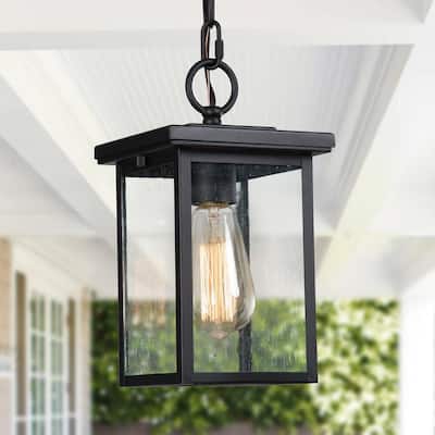 1-Light Farmhouse Matte Black Outdoor Lantern Pendant Light with Seeded Glass Shade