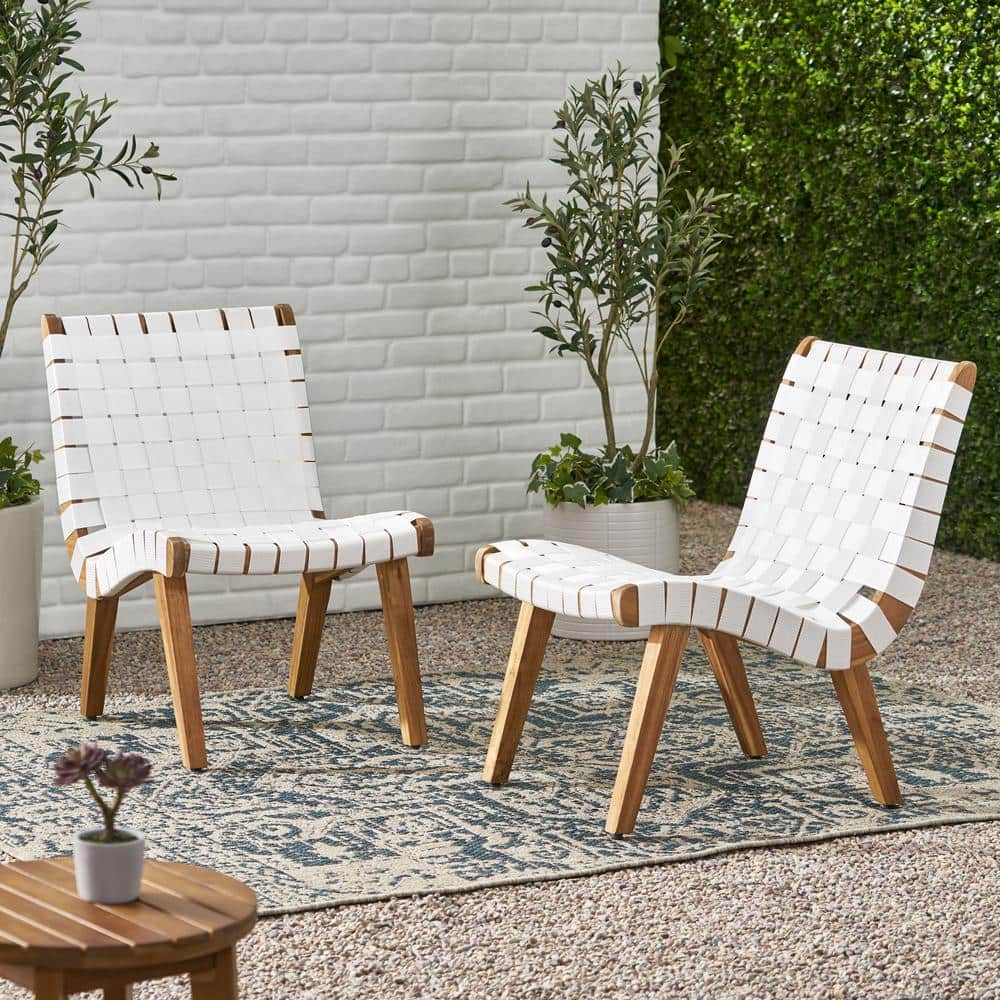 White and Teak Armless Rope Weave Lounge Chair Set