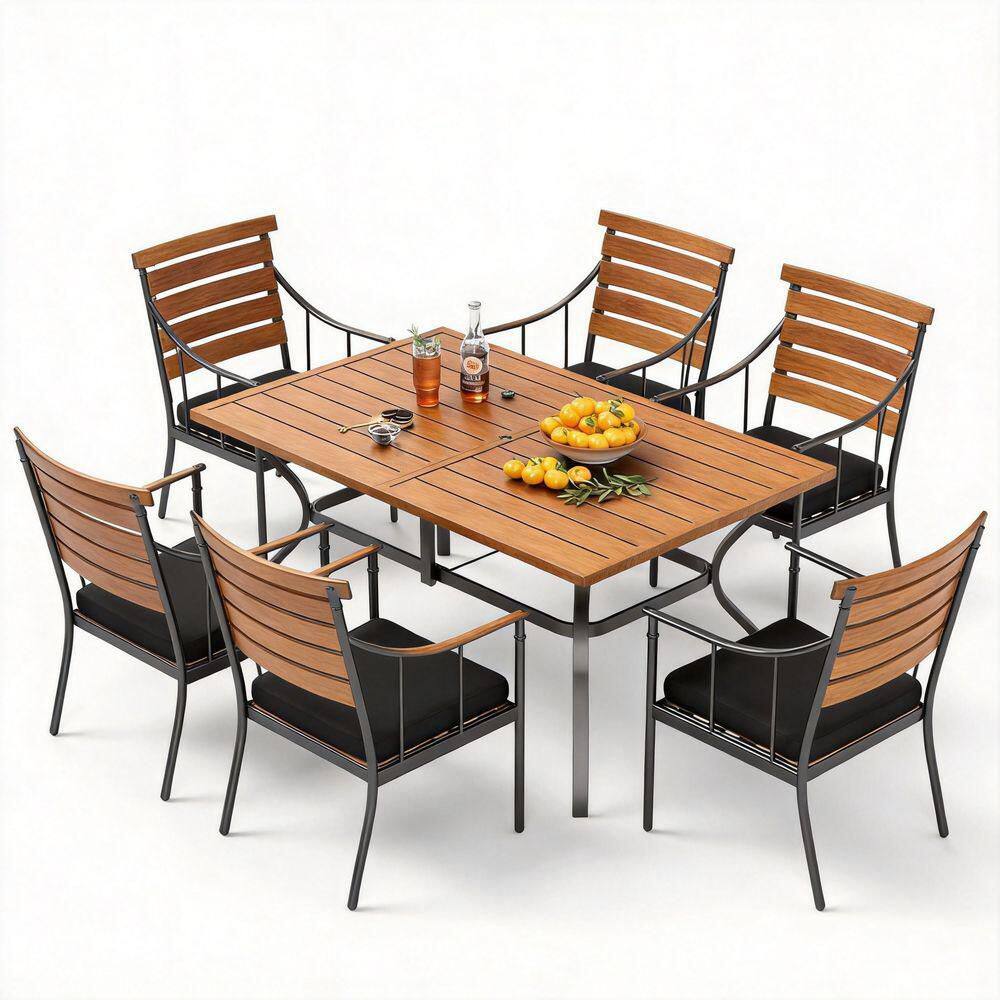 7-Piece Steel Rectangular Outdoor Patio Dining Set & Umbrella Hole,Teak and Black price history on PriceWatchPro