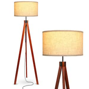 Eden 58 in. Havana Brown Traditional 1-Light 3-Way Dimming LED Tripod Floor Lamp with Beige Fabric Drum Shade