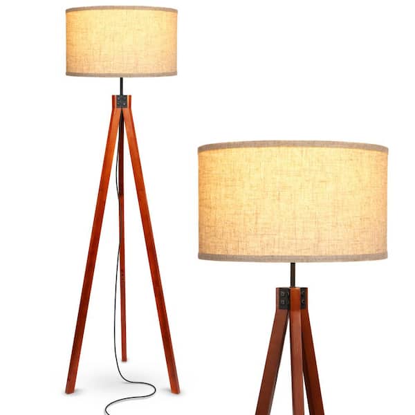 Eden 58 in. Havana Brown Traditional 1-Light 3-Way Dimming LED Tripod Floor Lamp with Beige Fabric Drum Shade