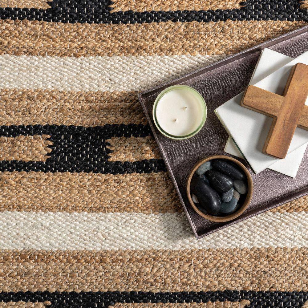 Handmade Rectangular Black and Beige Jute Striped Area Rug 8' x 10'
