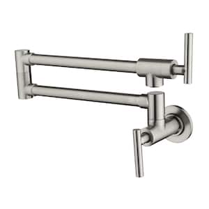 Wall Mounted Double Handle 1.8 GPM Pot Filler with 2 Built- in Ceramic Cartridge and Mounting Hardware in Brushed Nickel