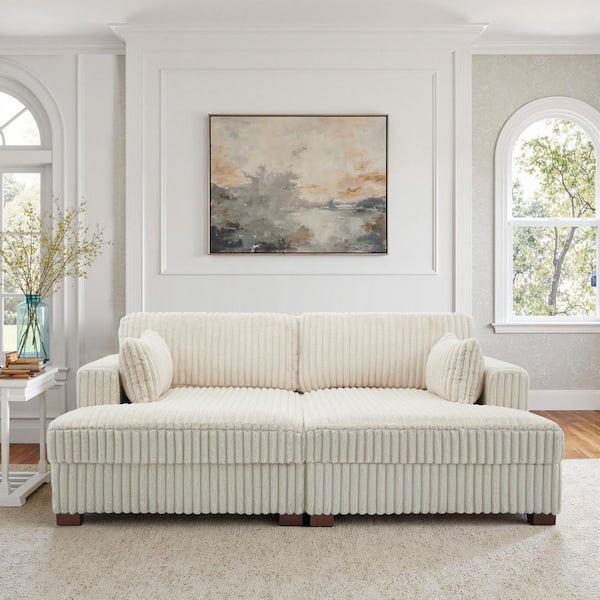 84.3 in. Modern Square Arm Faux Rabbit Fur Fabric Upholstered Sectional Sofa in. White