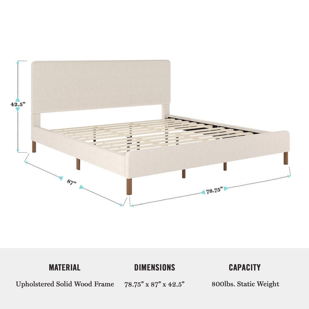 King Beige Linen Upholstered Platform Bed with Walnut Legs
