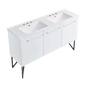 Annecy 60 W in. White, Double Basin Bathroom Vanity with White, 3-Hole Artificial Stone Sink Top