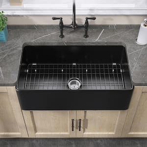 36 in. Large Apron Front Kitchen Sink Single Bowl Black Fireclay Farmhouse Kitchen Sink with Bottom Grids and Strainer