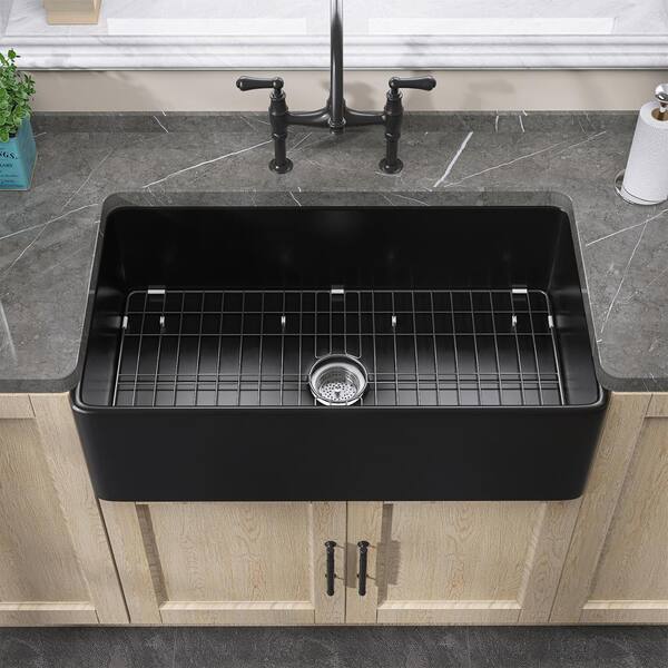 Getpro 36 in. Large Apron Front Kitchen Sink Single Bowl Black Fireclay
