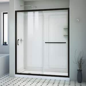 Infinity-Z 60 in. W x 76.75 in. H Sliding Semi-Frameless Shower Door in Matte Black with Clear Glass Left Drain Base