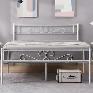 Victorian Bed Frame, White Metal Frame Queen Platform Bed No Box Spring Needed Heavy Duty Bed with Headboard, 63in. W