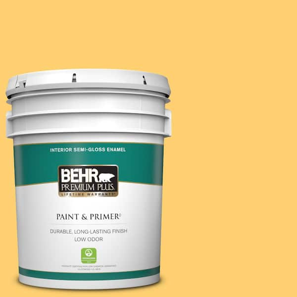 BEHR PREMIUM PLUS 5 gal. #320B-6 Mellow Yellow Semi-Gloss Enamel Low Odor Interior Paint & Primer