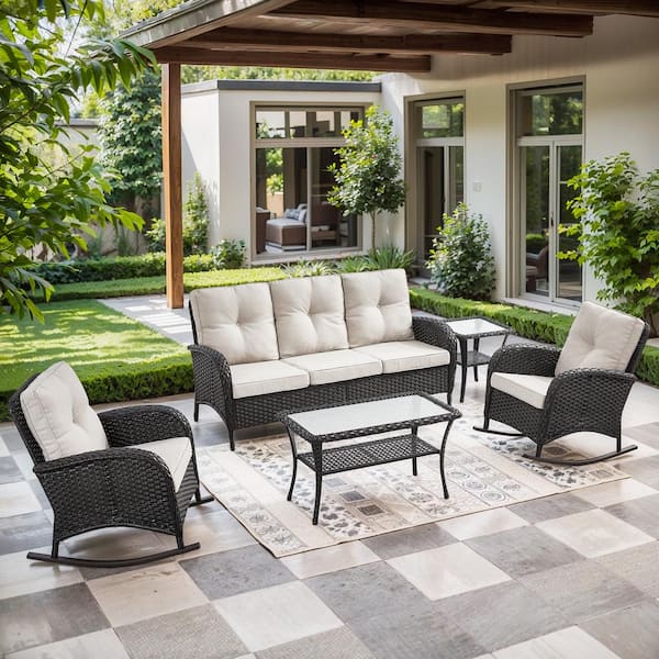 Black 5-Piece Wicker Patio Conversation Set with Rocking Chairs, Outdoor Sofa Seating Set with Olefin Beige Cushions