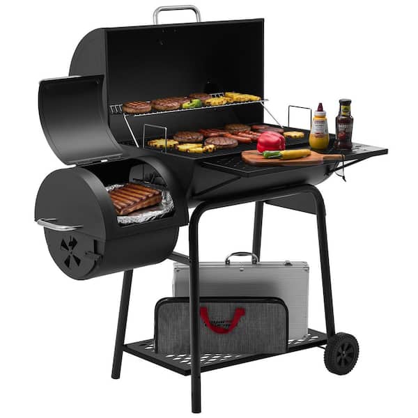28 in. Barrel Charcoal Grill with Offset Smoker in Black