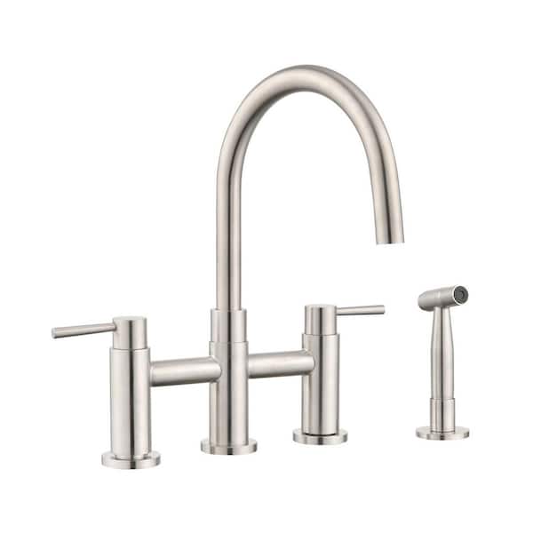Pdpbath Double Handle Bridge Kitchen Faucet with 360° Spout Swivel in Brushed Nickel